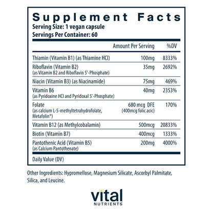 Vital Nutrients B Complex vegan high potency dietary supplement facts and ingredients list panel view