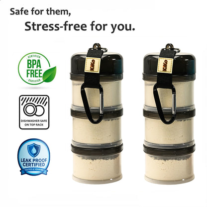 KiKo stackable formula dispenser two pack being packed into a compact diaper bag for travel convenience.