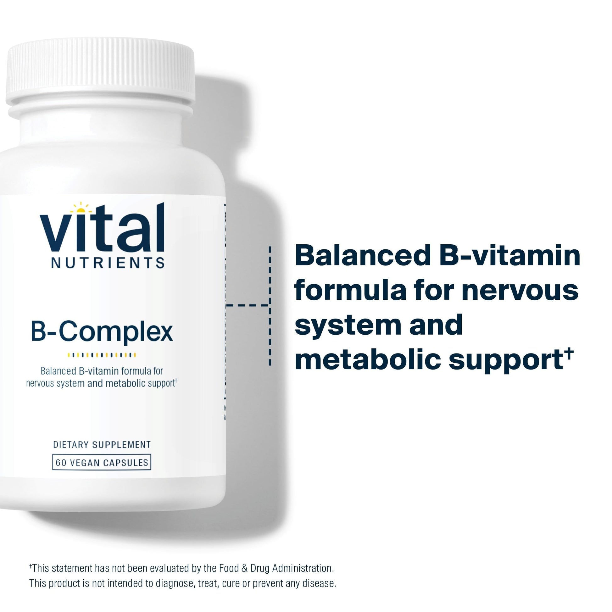 Vital Nutrients Methylated Vitamin B Complex hypoallergenic capsules displayed next to the product bottle