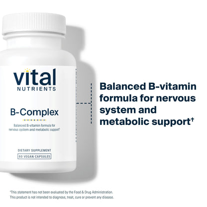 Vital Nutrients Methylated Vitamin B Complex hypoallergenic capsules displayed next to the product bottle