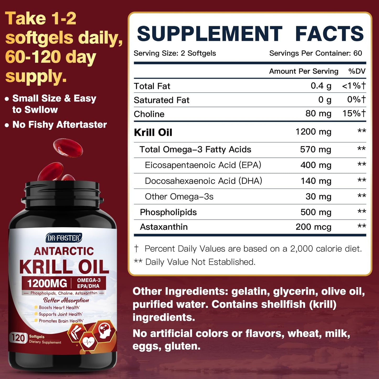 Authentic DRFOSTER krill oil softgels 120 count bottle for brain and eye support