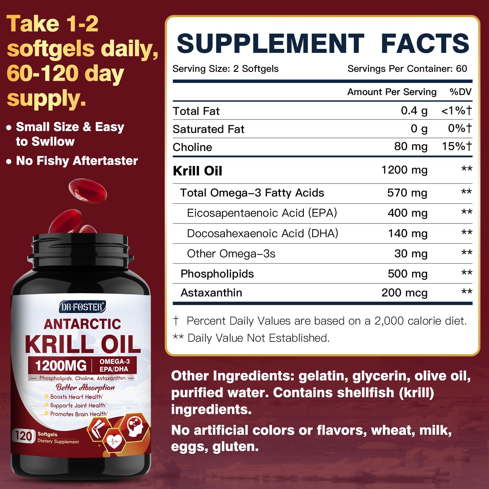 Authentic DRFOSTER krill oil softgels 120 count bottle for brain and eye support