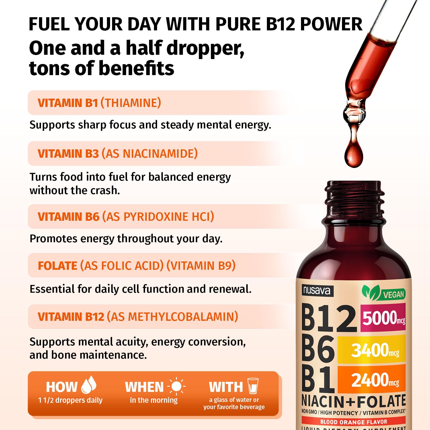 Side view of NUSAVA Vitamin B12 liquid supplement bottles with clean ingredient callouts.
