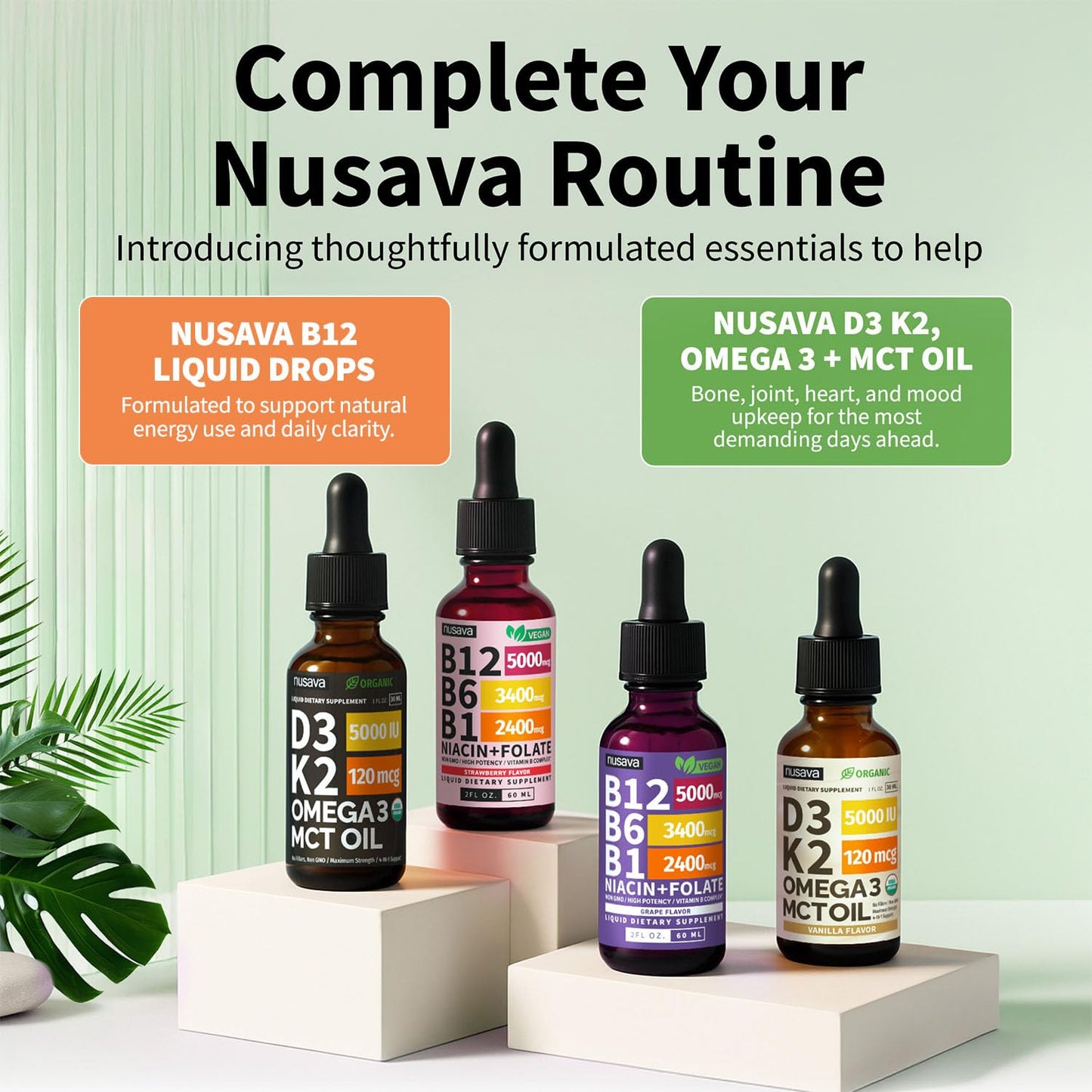 Premium imported packaging of NUSAVA Crimson Orange flavor B12 drops on a white backdrop.