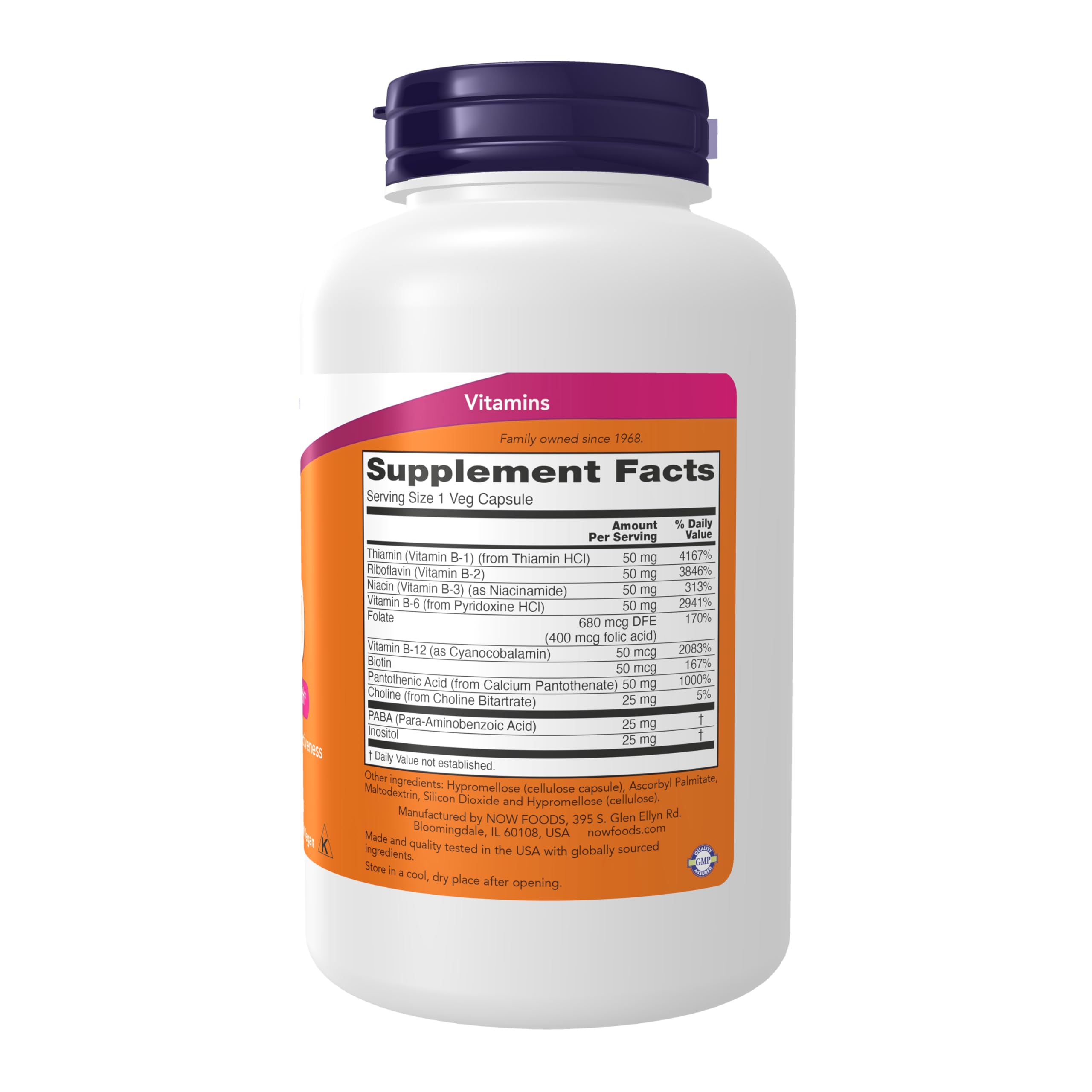 NOW Foods Vitamin B-50 supplement packaging showing full complement of B-vitamins information.