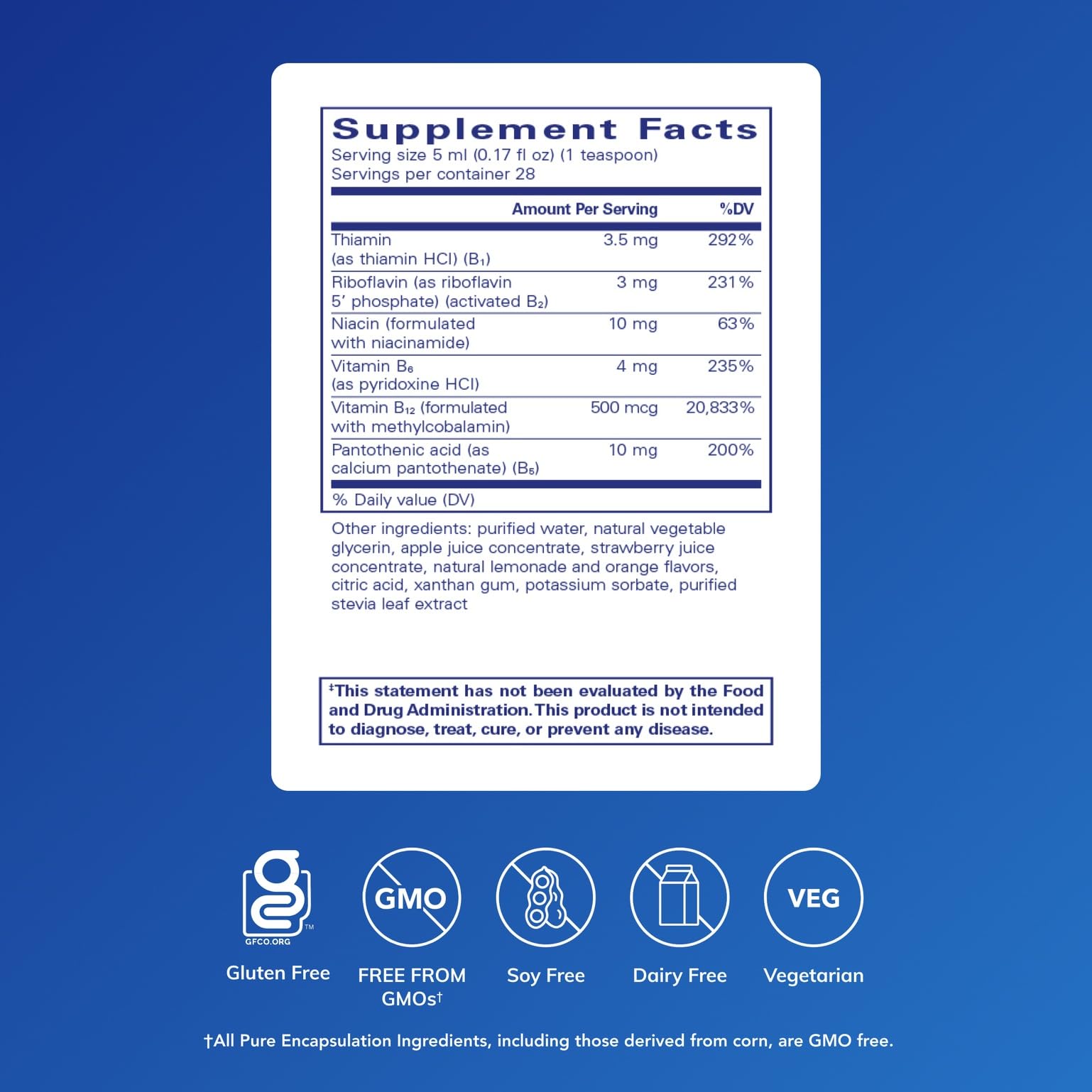 Pure Encapsulations liquid vitamin B complex supplement fact panel close up