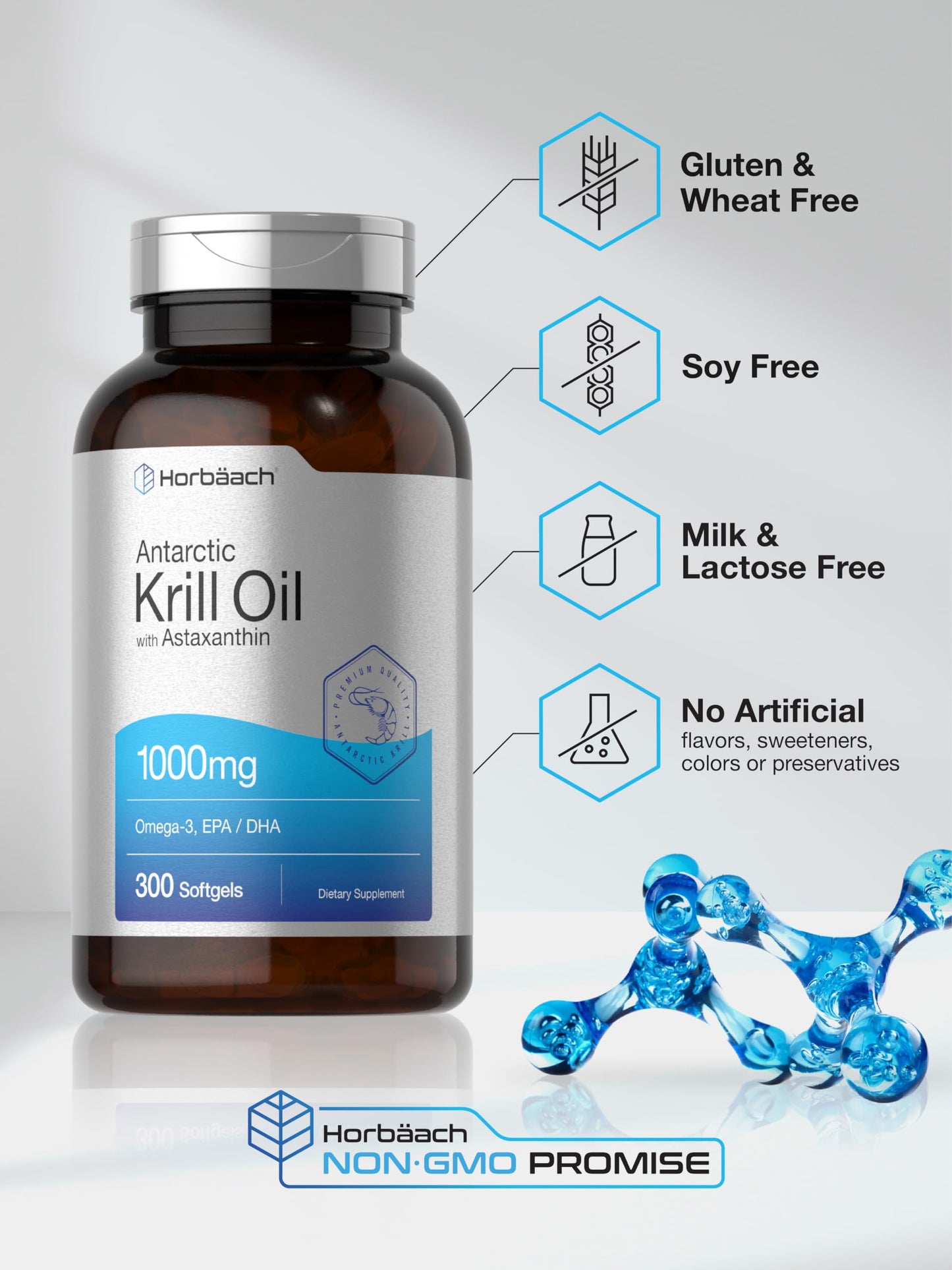 Authentic Horbäach non GMO and gluten free krill oil softgels for heart and joint health