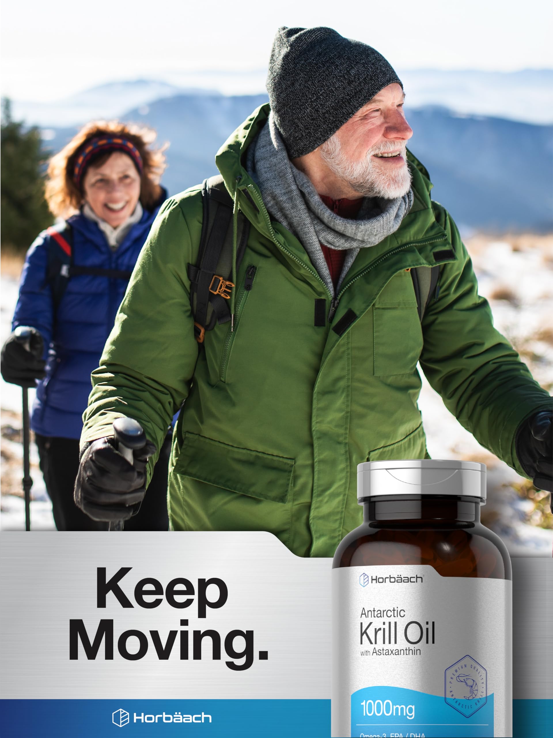 Horbaach 300 count krill oil dietary supplement bottle showcasing clear product directions