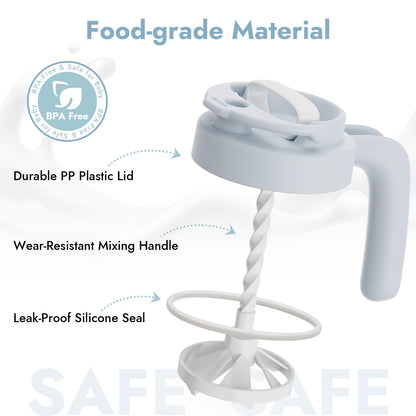 Papablic blue mixing pitcher lid being used for protein powder shaker preparation