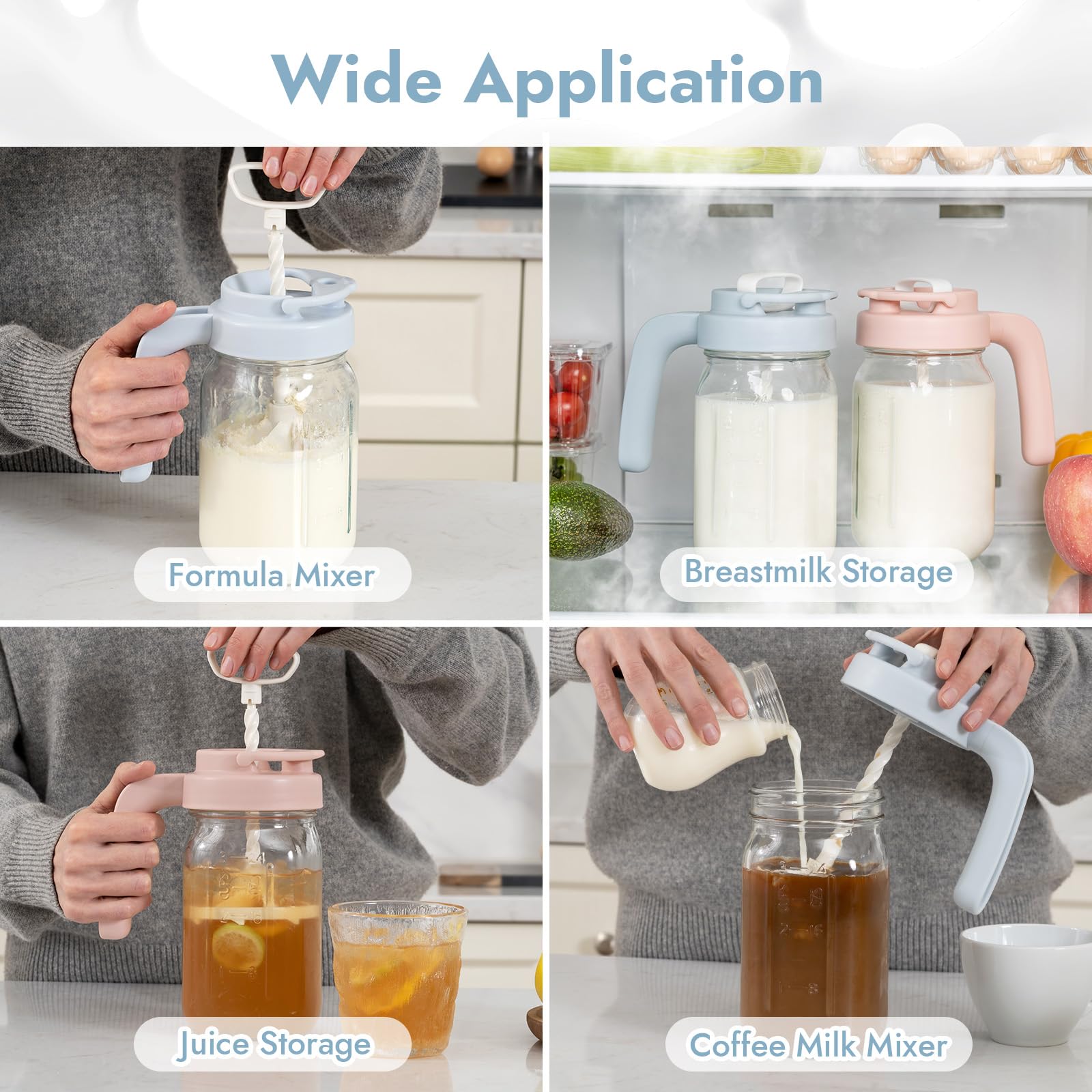 Papablic glass formula mixer lid attachment showcasing the flip locking pour spout