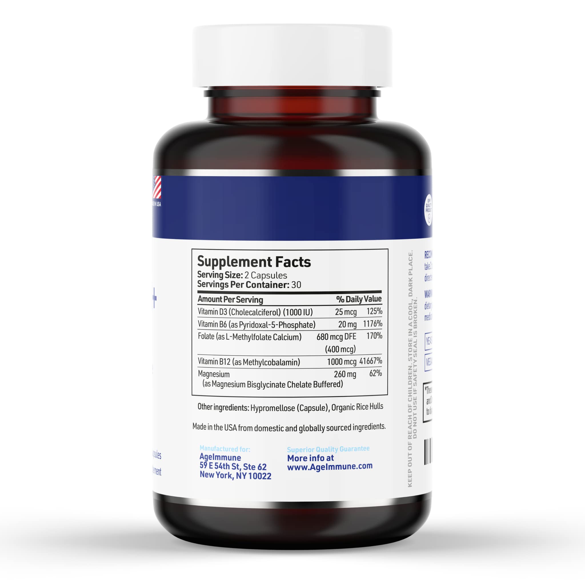 AgeImmune Brilliant B Plus supplement label displaying active methylated ingredients
