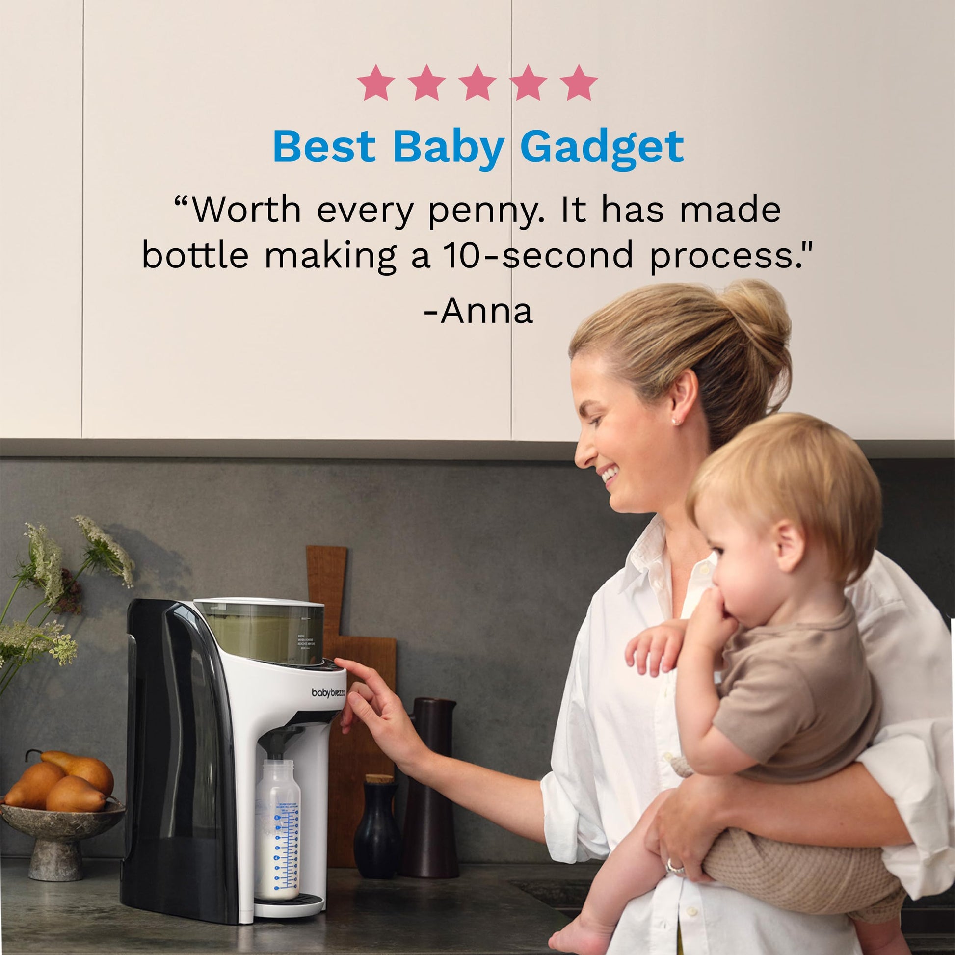 Side view of Baby Brezza Formula Pro Advanced in a modern kitchen setting