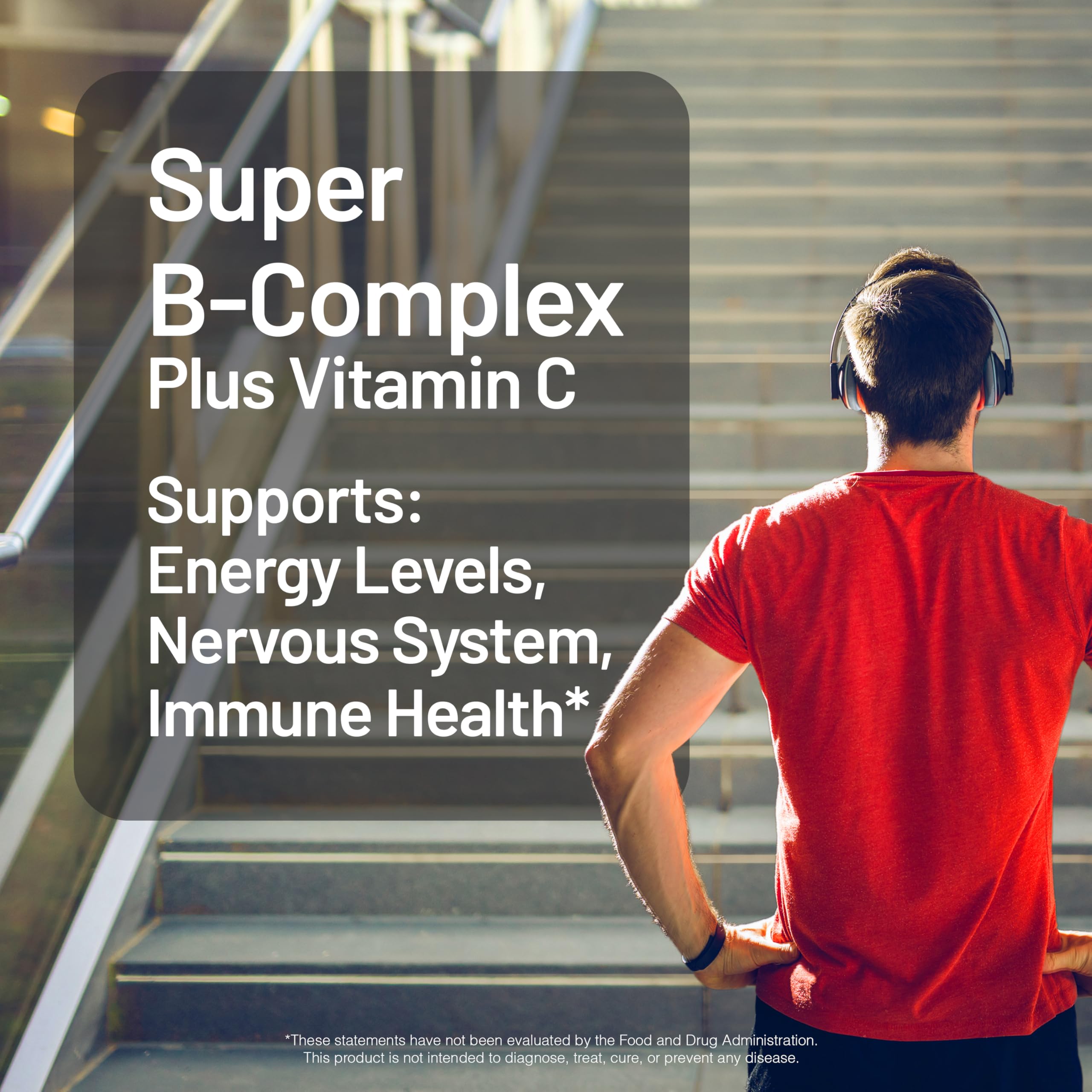 Vegan B complex tablets with Vitamin C supplement bottle displaying clean ingredients label