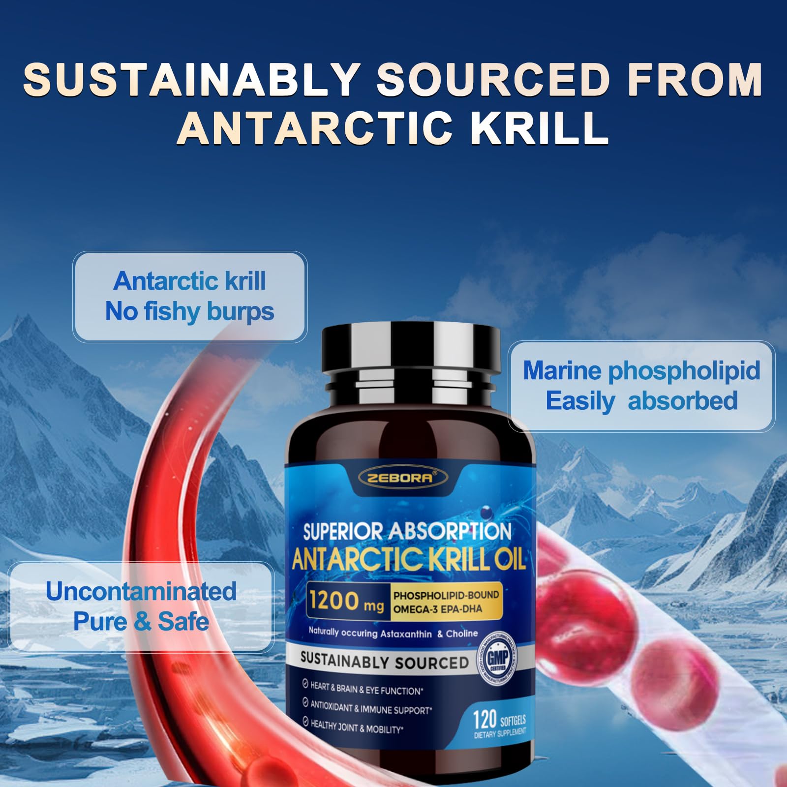 Zebora Antarctic krill oil 1200 Milligrams capsule quantity indicator displaying full sixty day supply details