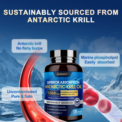 Zebora Antarctic krill oil 1200 Milligrams capsule quantity indicator displaying full sixty day supply details