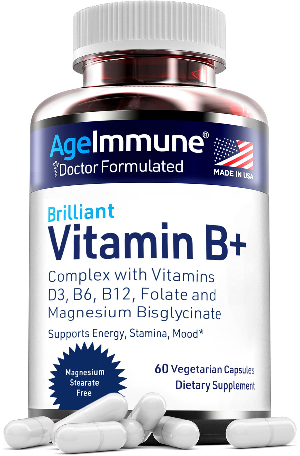 AgeImmune health supplement bottle highlighting methylcobalamin and methylfolate benefits