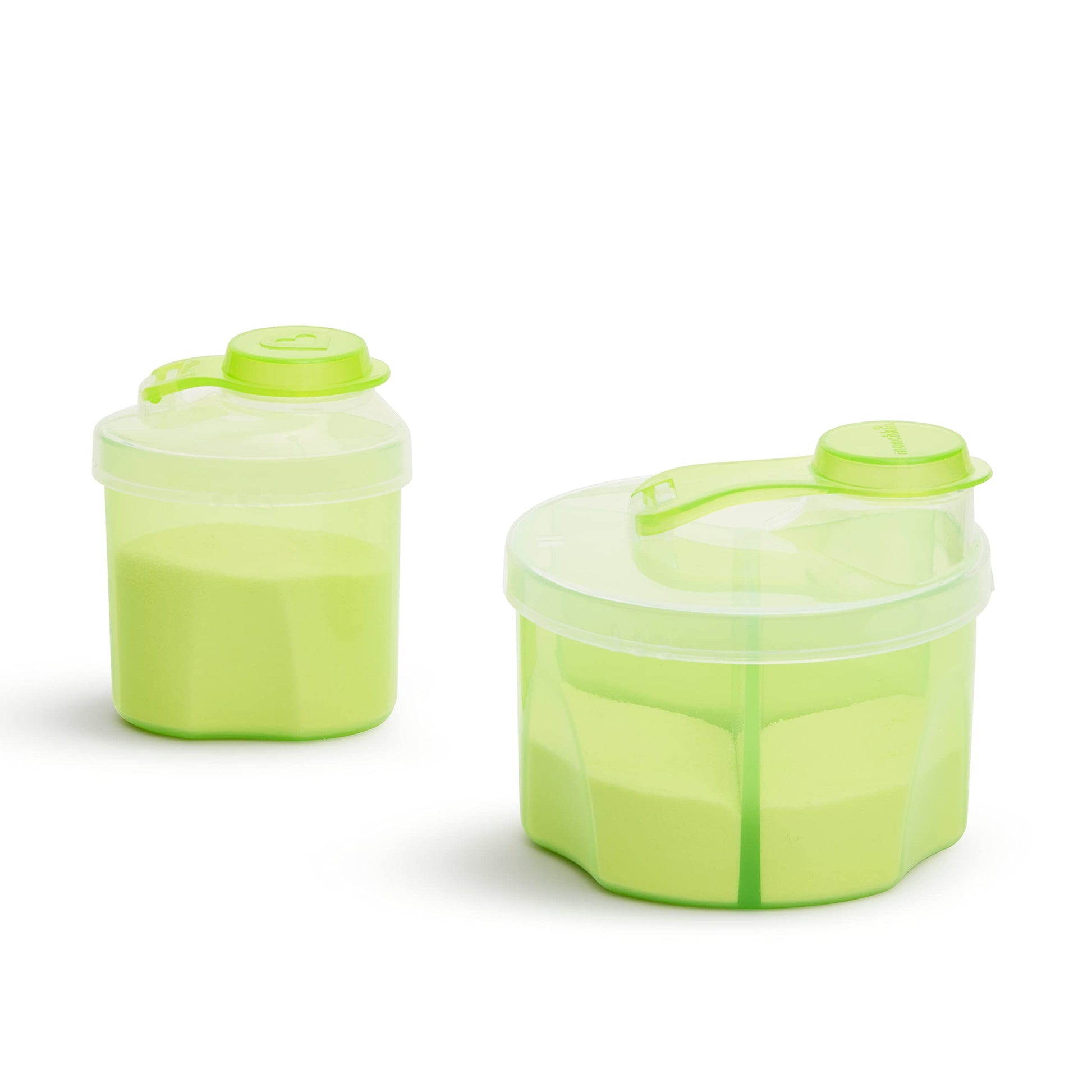 Munchkin baby bottle powder formula dispenser set with snap-tight lids displayed on a clean surface