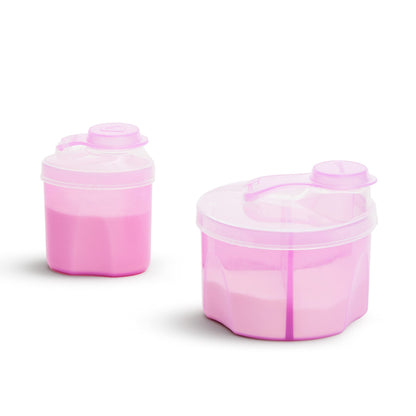 Close-up view of the easy-pour spout on the pink Munchkin travel formula container lid