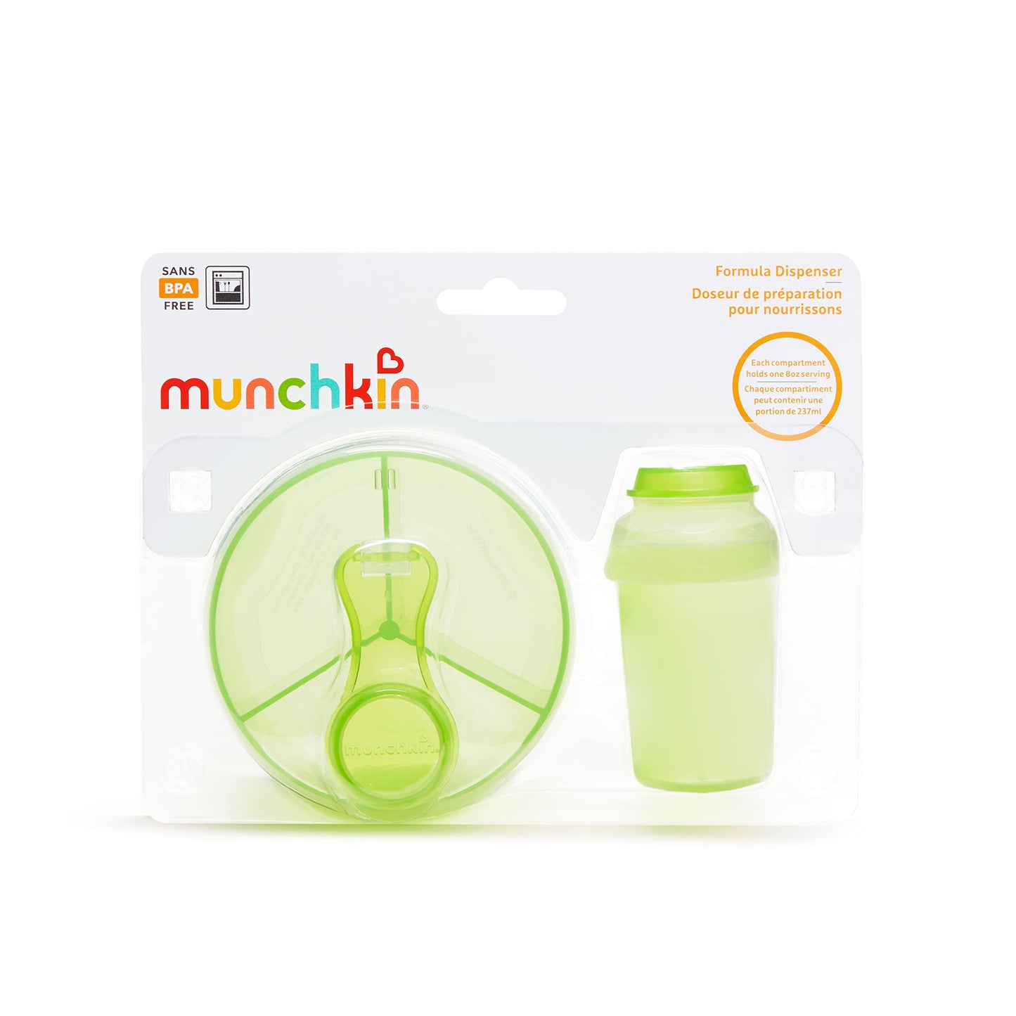 Munchkin travel powder dispenser pack separated to show the interior compartments and removable lids