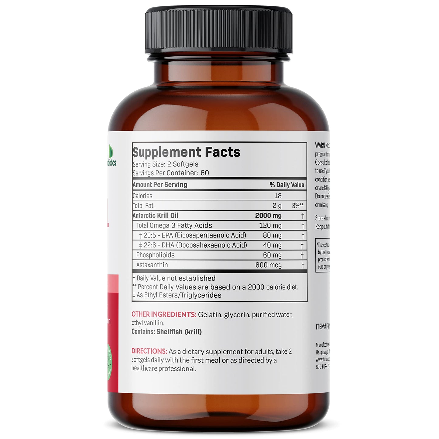 Futurebiotics Antarctic Krill Oil 120 softgels supplement label showing premium astaxanthin and phospholipid ingredients