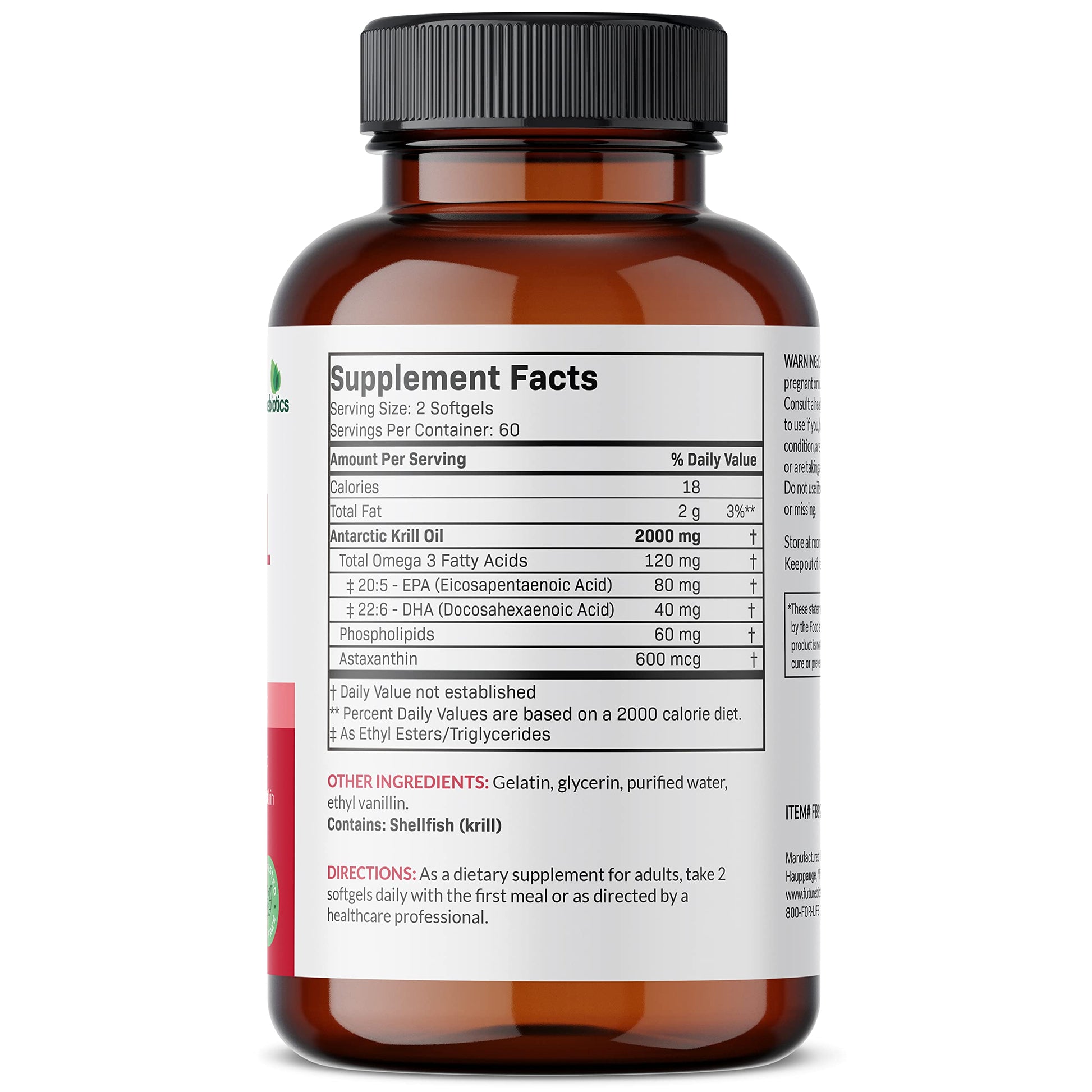 Futurebiotics Antarctic Krill Oil 120 softgels supplement label showing premium astaxanthin and phospholipid ingredients