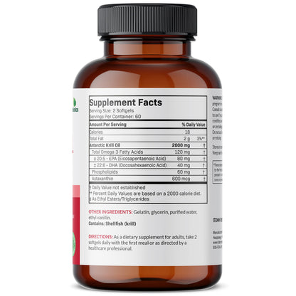 Futurebiotics Antarctic Krill Oil 120 softgels supplement label showing premium astaxanthin and phospholipid ingredients