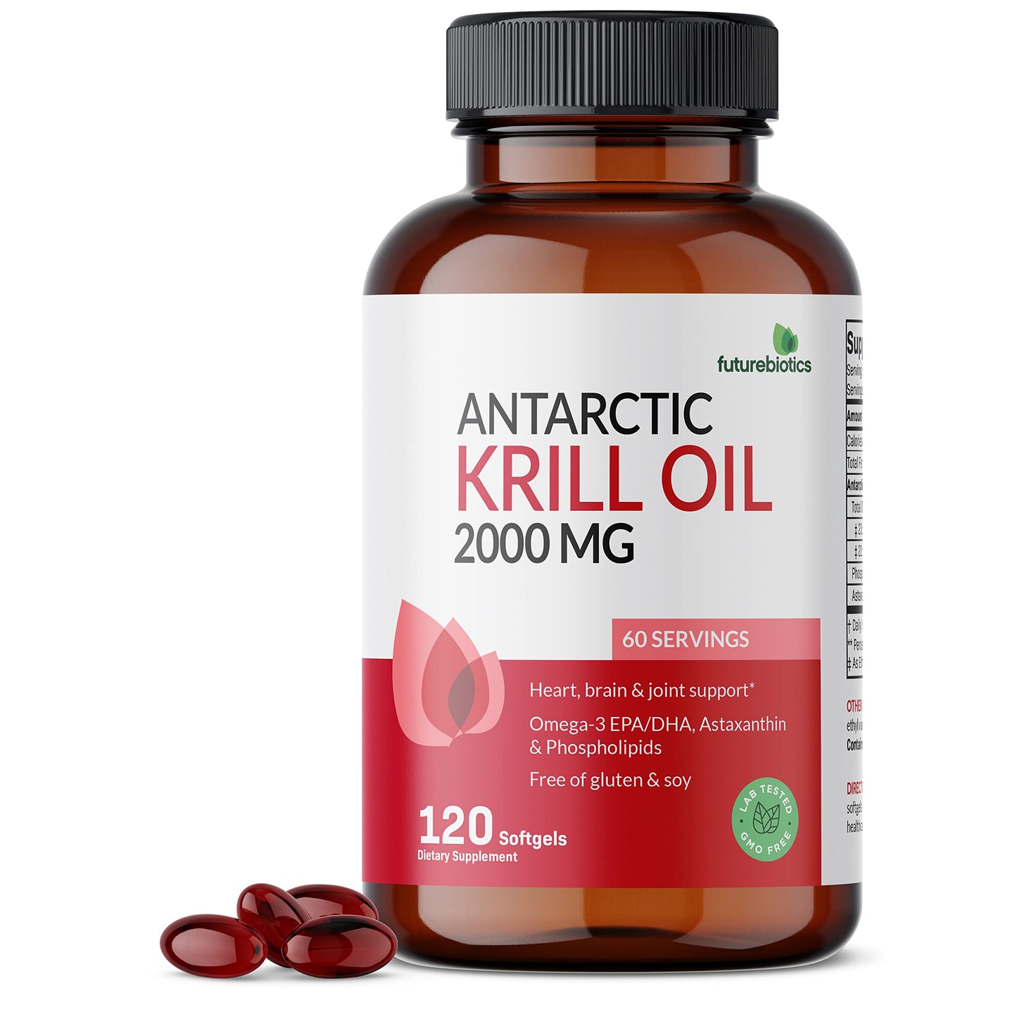 Futurebiotics Krill Oil 2000 mg dietary supplement bottle displaying heavy metal tested and non GMO certification seals