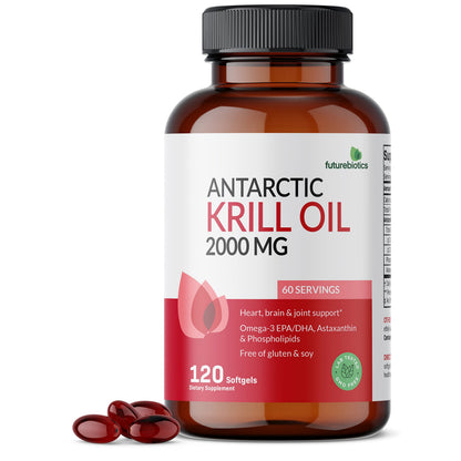 Futurebiotics Krill Oil 2000 mg dietary supplement bottle displaying heavy metal tested and non GMO certification seals