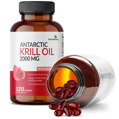 Side view of Futurebiotics Antarctic Krill Oil bottle highlighting joint and brain health support benefits