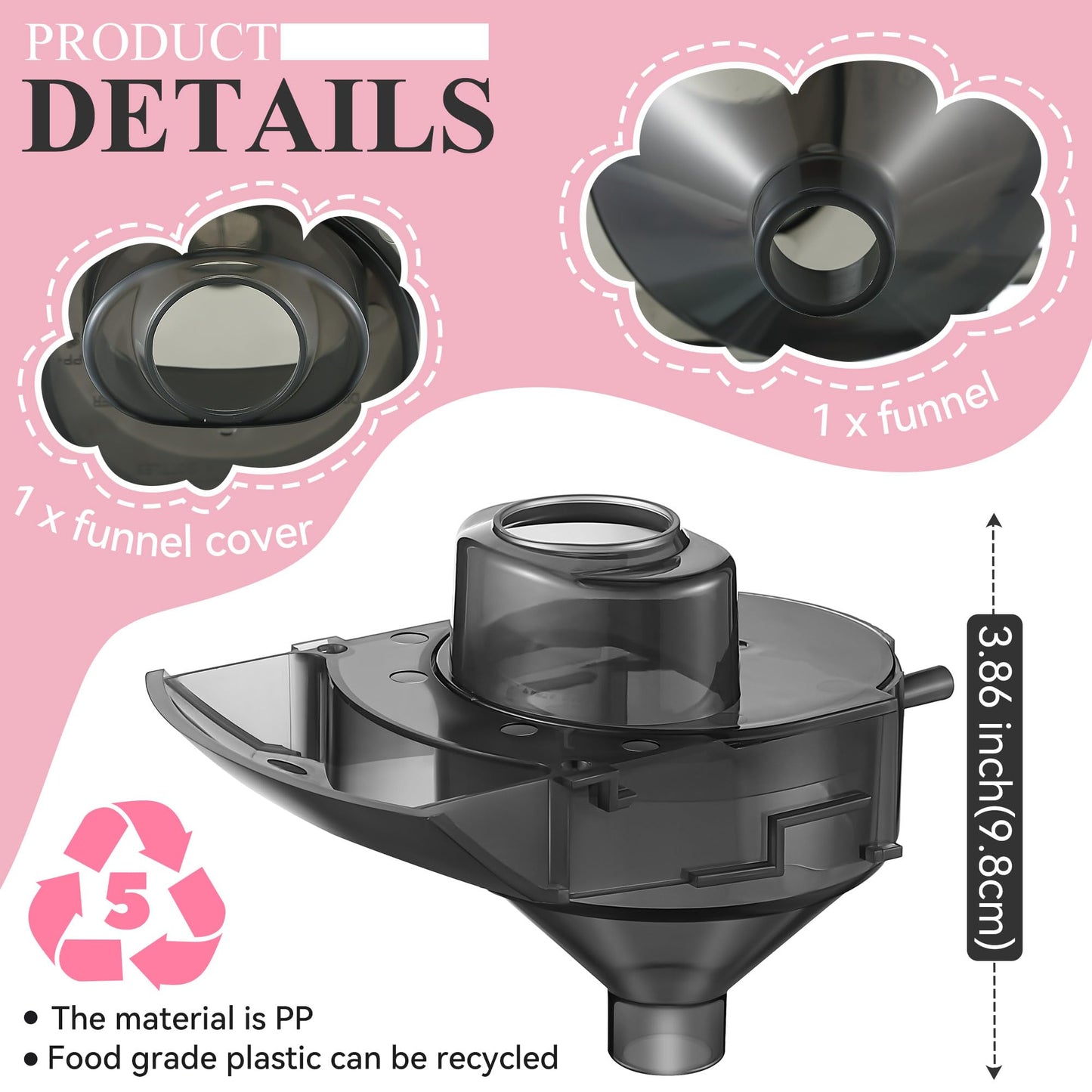 Close up view of the durable food grade polypropylene material on the Gulfmew replacement funnel compatible with baby formula machines.