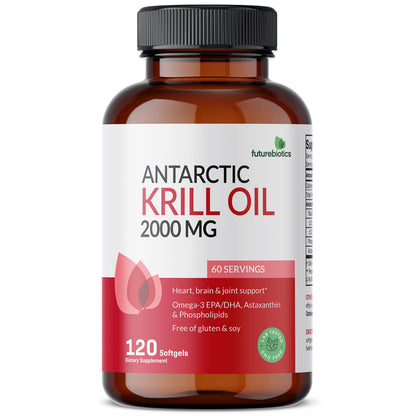 Futurebiotics pure premium krill oil 120 softgels showing clear dosage instructions and complete nutritional information facts