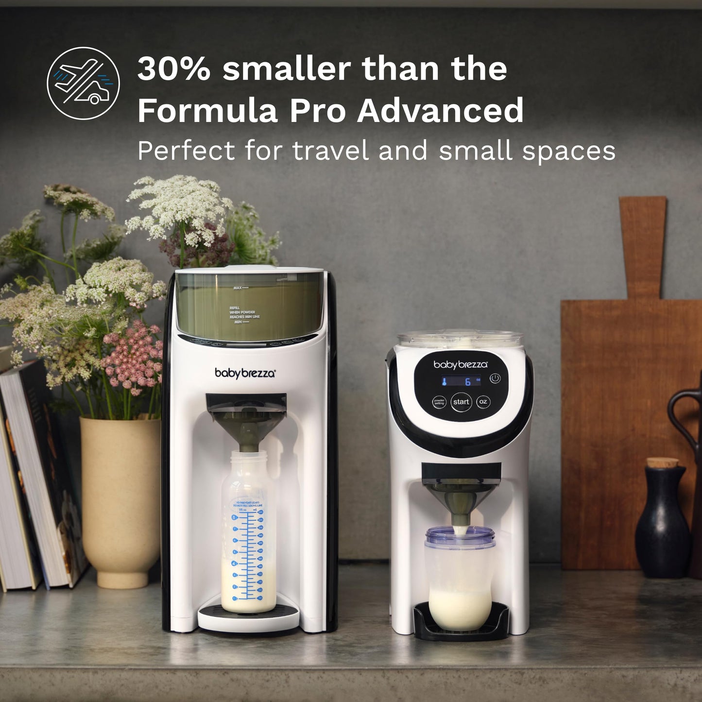 Baby Brezza compact portable formula dispenser machine on a kitchen countertop
