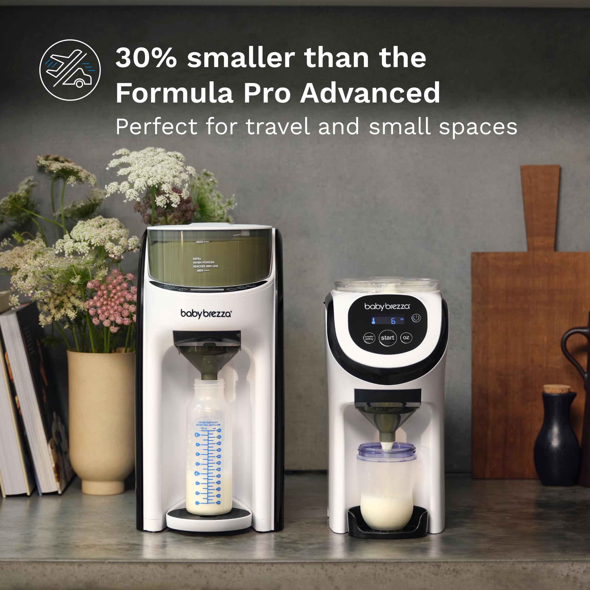 Baby Brezza compact portable formula dispenser machine on a kitchen countertop