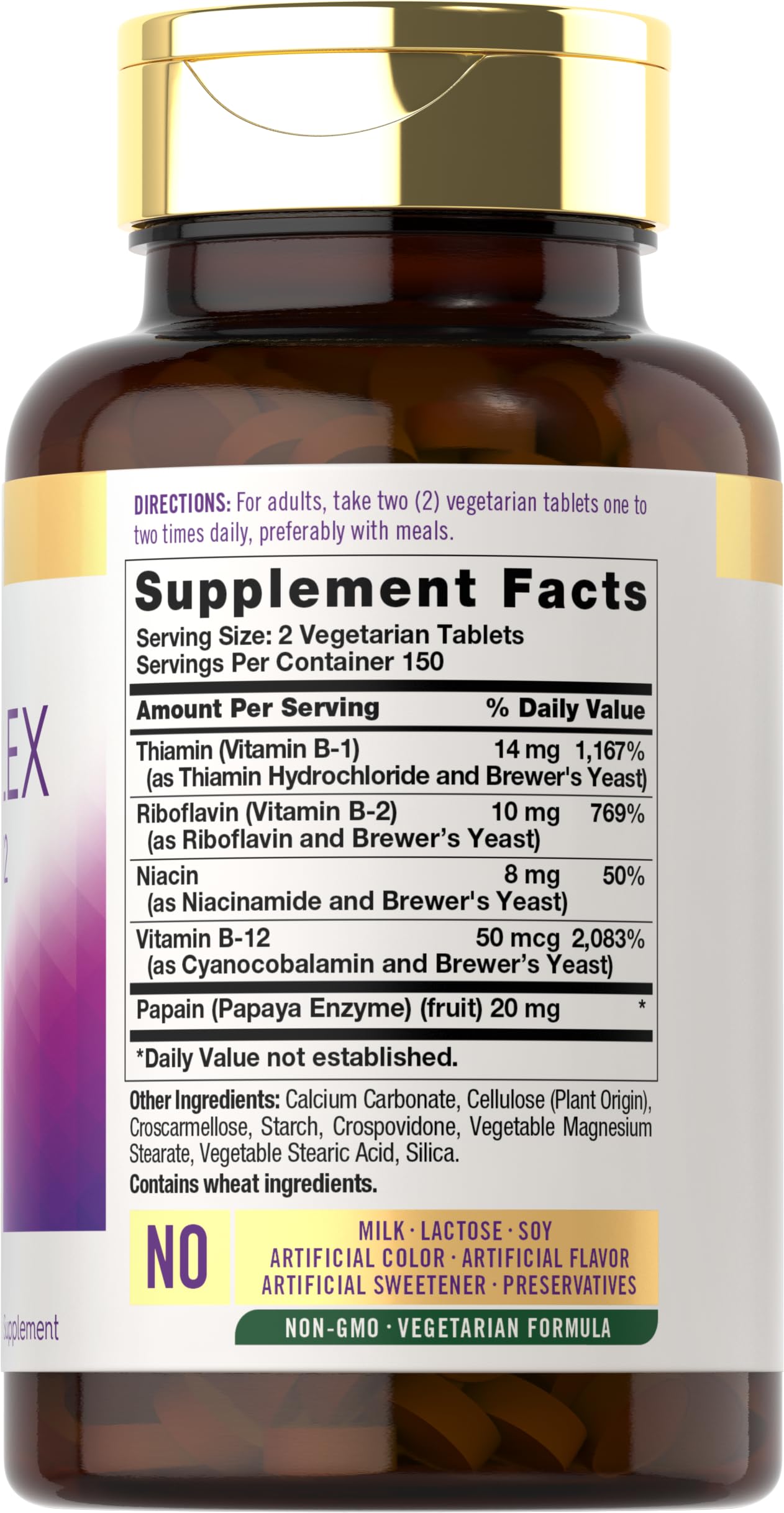 Carlyle high potency B-complex vegetarian supplement bottle showing nutritional facts and ingredients