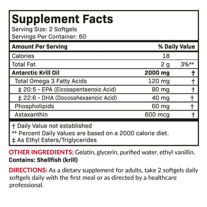 Futurebiotics Antarctic Krill Oil packaging emphasizing 2000 mg potency per serving with natural EPA and DHA