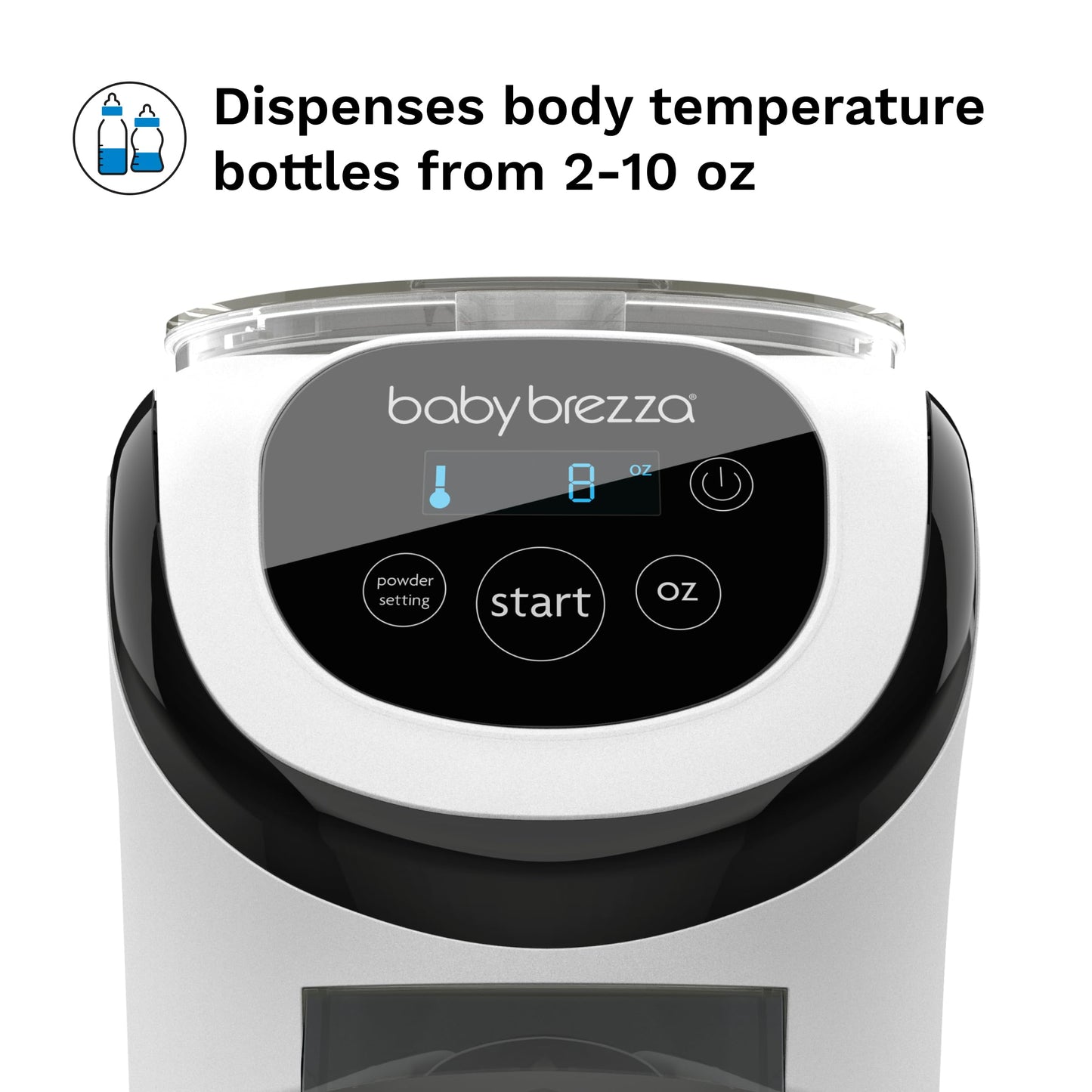 White Baby Brezza Formula Pro Mini dispensing warm baby milk bottle