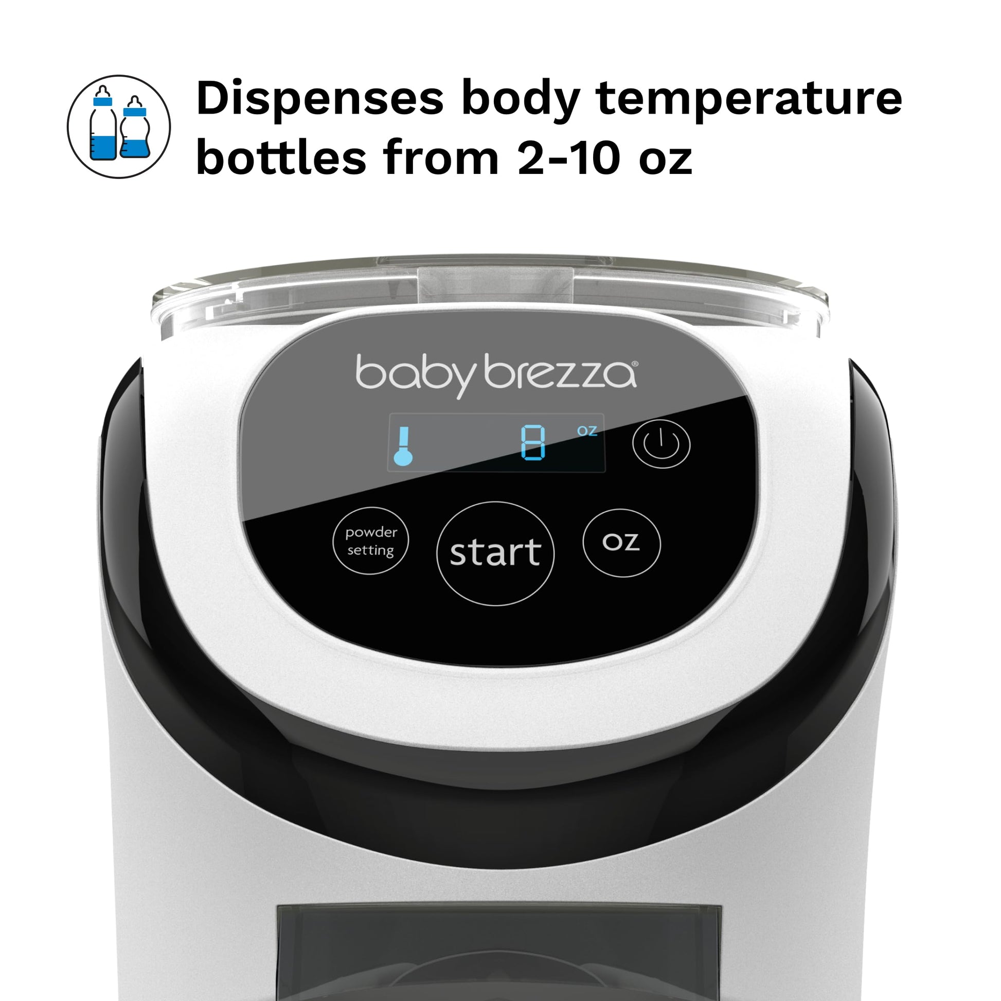 White Baby Brezza Formula Pro Mini dispensing warm baby milk bottle