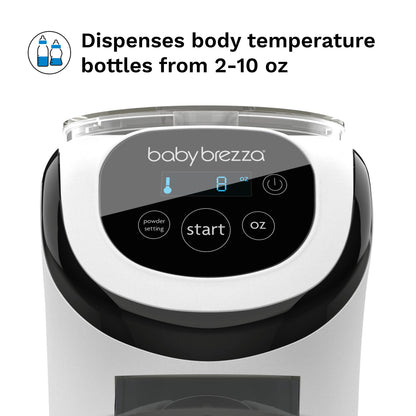 White Baby Brezza Formula Pro Mini dispensing warm baby milk bottle