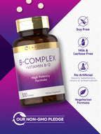 Close up of Carlyle B-complex non-GMO gluten-free daily supplement tablets packaging
