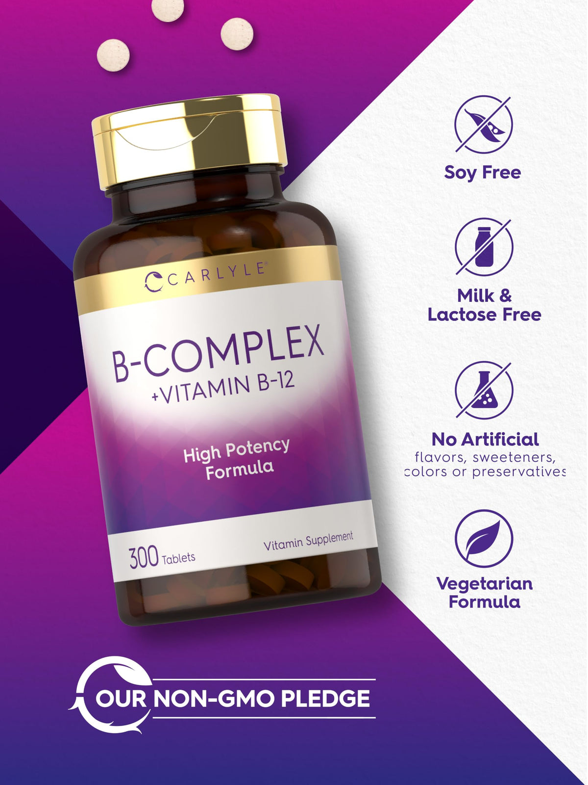 Close up of Carlyle B-complex non-GMO gluten-free daily supplement tablets packaging