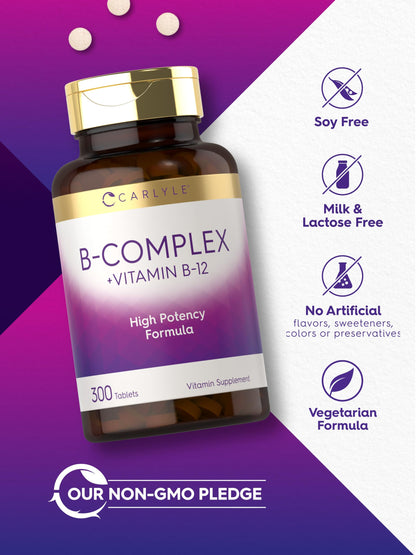 Close up of Carlyle B-complex non-GMO gluten-free daily supplement tablets packaging
