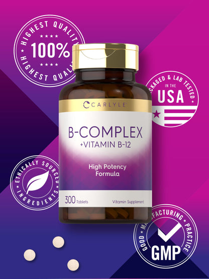 Carlyle B complex with vitamin B12 supplement container highlighting the 150 day supply
