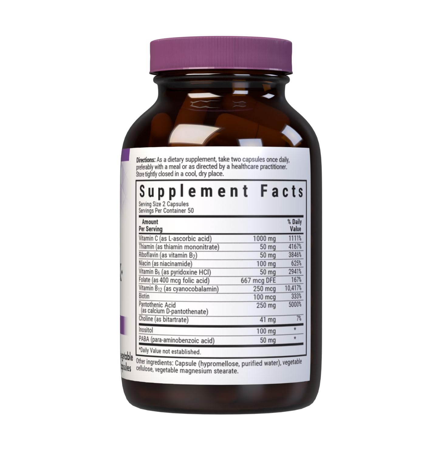 Bluebonnet Nutrition high potency B complex with Vitamin C dietary supplement bottle label details