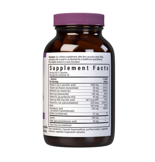 Bluebonnet Nutrition high potency B complex with Vitamin C dietary supplement bottle label details