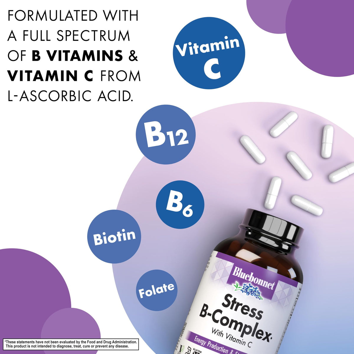 Bluebonnet Stress B-Complex 100 vegetable capsules container for stress management and immune health