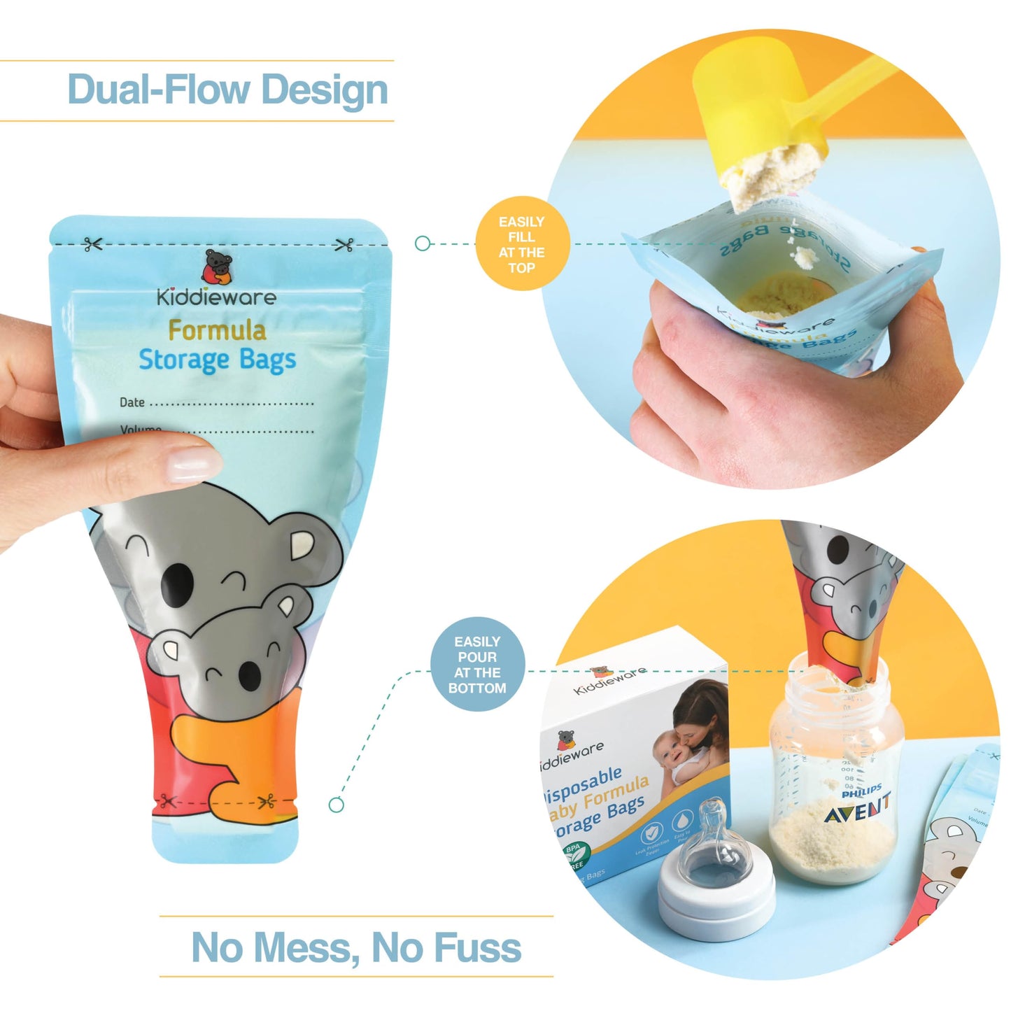 Pre sterilized baby formula travel bags with clear measurement markings and write-on label
