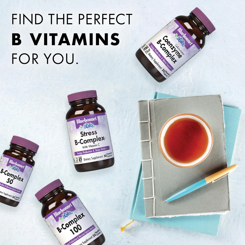 Bluebonnet Nutrition Stress B Complex dietary capsules showing kosher and soy-free certifications