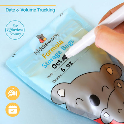 Compact disposable formula storage bags organized neatly inside a parent travel diaper bag