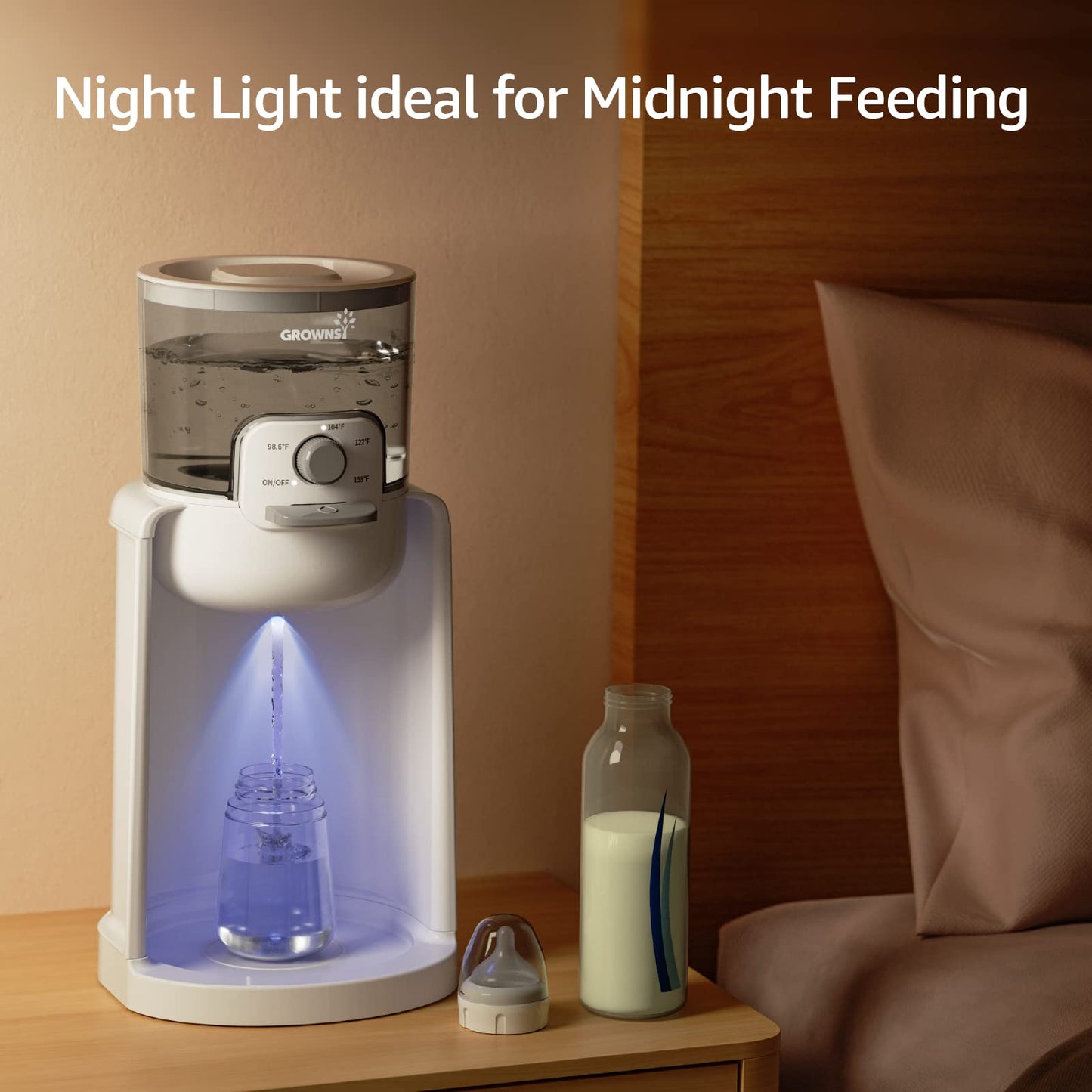One-handed dispensing of warm water into a baby bottle using GROWNSY