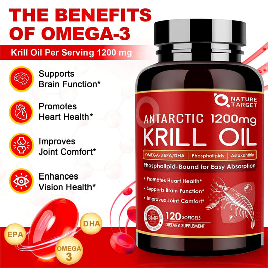 Nature Target krill oil 120 softgels packaging showing supplement facts and ingredients
